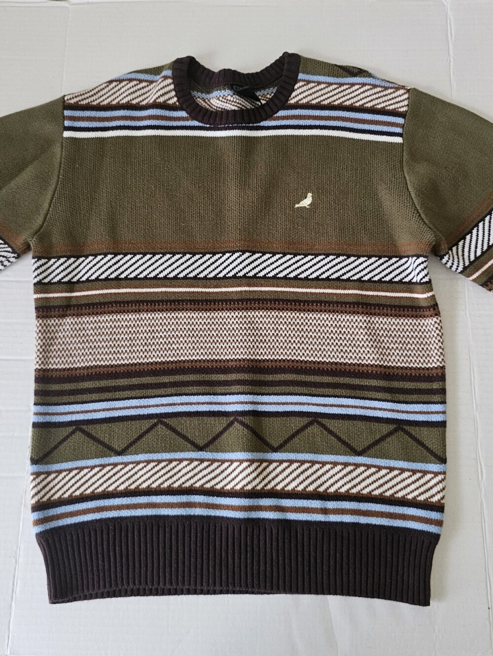 Staple Pigeon Macdougal Sweater Size L Olive Green Crew Neck Stripe Knit Mens - Picture 5 of 11